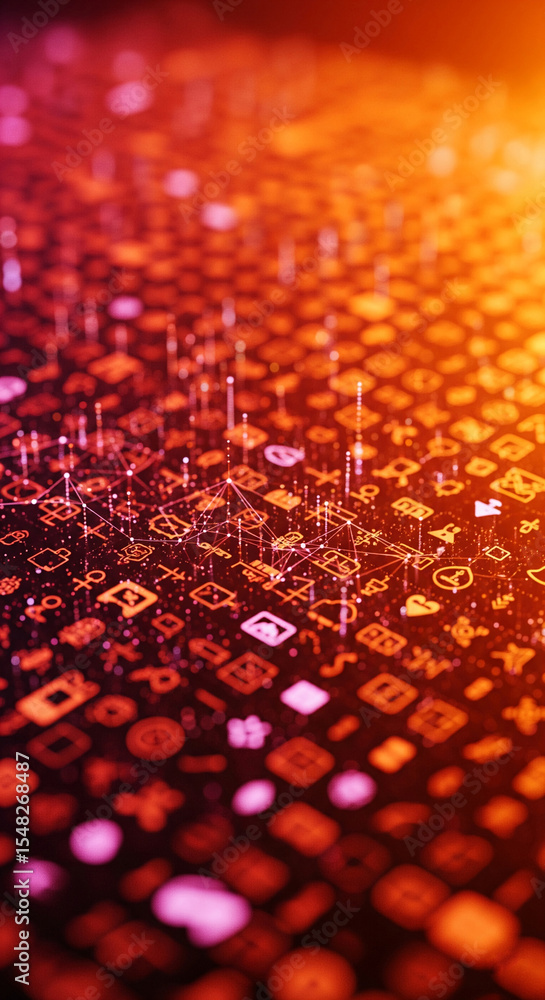 Poster abstract background with orange and red glowing icons and connecting lines, symbolizing digital netw
