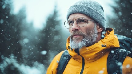 Fototapeta premium A mature man stands in a snowy forest, wearing a yellow jacket and glasses, exuding resilience and adventure amidst the serene winter landscape and falling snowflakes.