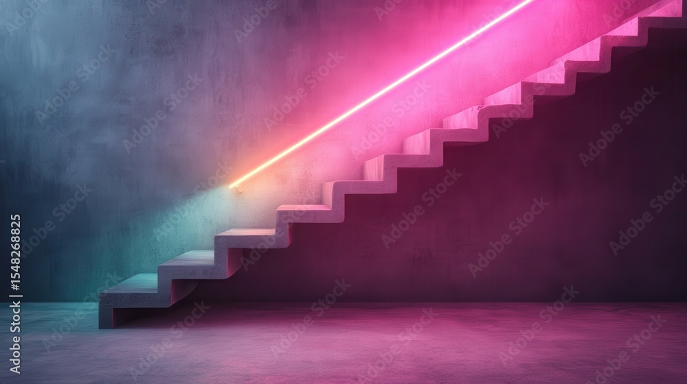 Poster an artistic depiction of a staircase illuminated by neon lights, creating an intriguing blend of col