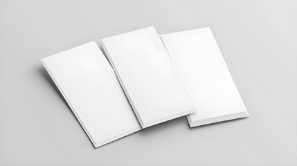 Empty white DL flyer on neutral gray background, soft studio lighting, natural shadows, multiple angles, photorealistic product visualization, clean minimal mockup template, ultra-detailed