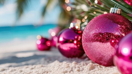 Vibrant pink Christmas ornaments adorned on a sandy beach, merging festive elements with a serene tropical atmosphere under the sun, perfect for holiday celebrations.