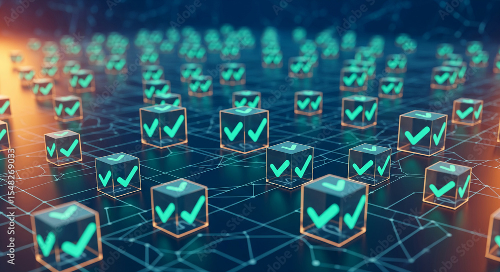 Poster numerous glass cubes with teal checkmarks sit on a dark grid, representing data processing, completi