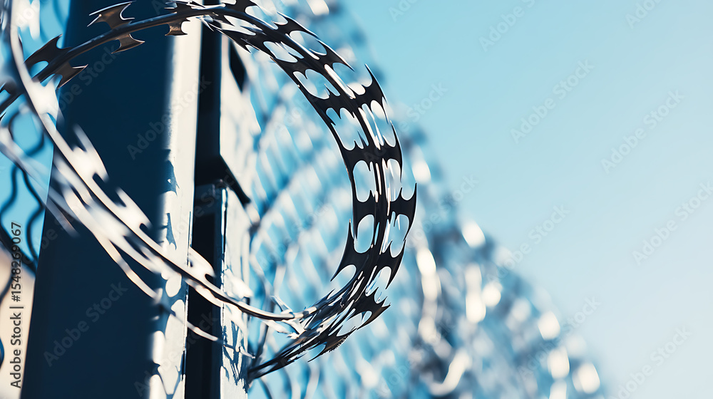 Poster razor wire security: abstract view of layered razor wire against a blurred background under a blue s