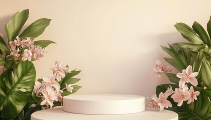 Natural Background with Round Pedestal and Green Foliage

