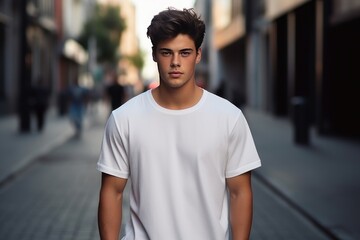 Mockup, man in white t-shirt. AI generative.