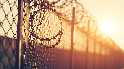 Razor wire on chain-link fence. Security barrier at golden hour, conveying themes of restriction and protection, set against a soft, sunlit backdrop.