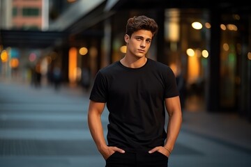 Mockup, man in black t-shirt. AI generative.