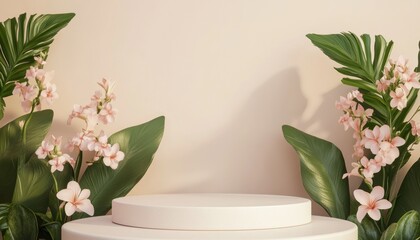 Natural Background with Round Pedestal and Green Foliage
