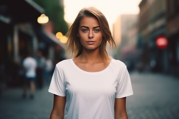 Mockup, beautiful woman in white t-shirt. AI generative.