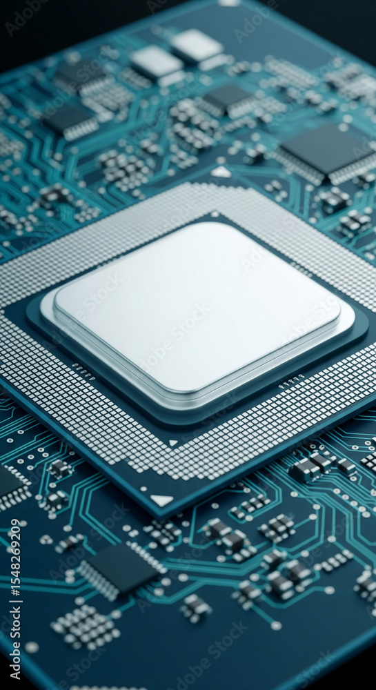 Poster close-up of a central processing unit on a circuit board, showcasing technological advancement and p