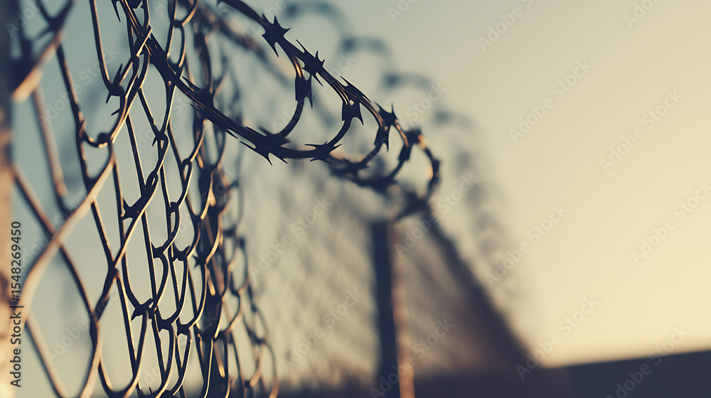 Poster barbed wire fence: a stark and evocative image symbolizing restriction and security, bathed in soft,