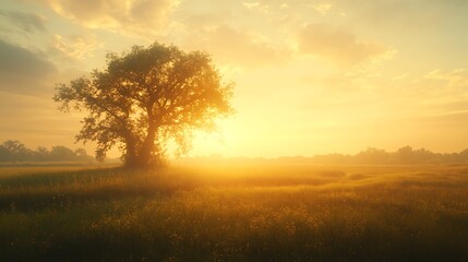 Obraz premium Serene Sunrise Over a Golden Field with a Single Tree