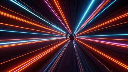 Vibrant neon light trails radiate in dynamic symmetry across dark background - Powered by Adobe