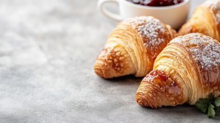 Delicious golden-brown croissants placed next to a cup of berry jam, embodying the warmth of comfort food and the delightful pleasure of indulgent breakfasts or afternoon teas.