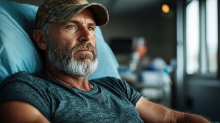 A serious-looking man in a hospital bed reflects deep thoughts, encapsulating the emotional challenges and resilience in the face of health issues and confinement.