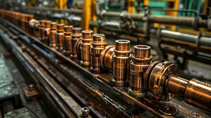 Naklejka premium An intricate view of industrial machinery featuring copper components in a manufacturing facility, showcasing the efficiency and technological advancements of modern production.