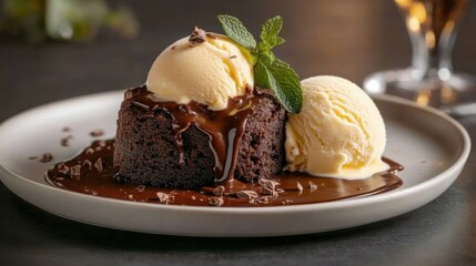 A delicious dessert featuring warm chocolate cake topped with melting ice cream, a sprinkle of chocolate shavings, and mint leaves, evoking indulgence and sweet temptation.