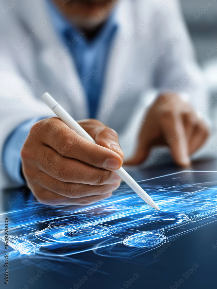 Poster professional using digital pen for design work in a modern workspace during the day