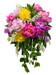 A lush bouquet of pink and purple peonies, yellow dahlias, and lily of the valley.  Perfect for spring celebrations, wedding invitations, or floral design inspiration.