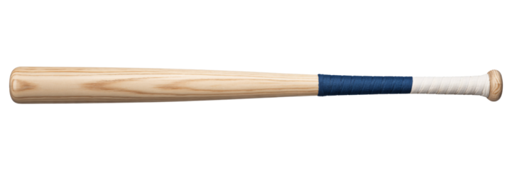 Wooden Baseball Bat with Blue and White Grip on Transparent Background