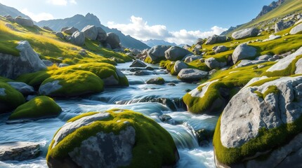 Mountain stream flowing through moss-covered rocks