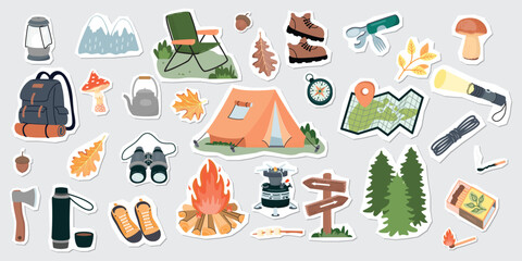 Tourist set of cartoon objects for camping. Tent, fire,  forest, mountains, mushrooms, backpack, autumn leaves, chair, tools and devices, boots. Collage elements with paper cut shapes. Vector designs.