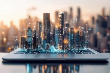 Futuristic city skyline projected onto a laptop