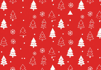 A festive red background filled with christmas trees snowflakes and small white dots scattered randomly