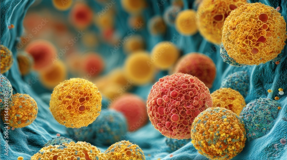 Poster dynamic interplay of cells and microorganisms captured in a vivid environment, showcasing their dist