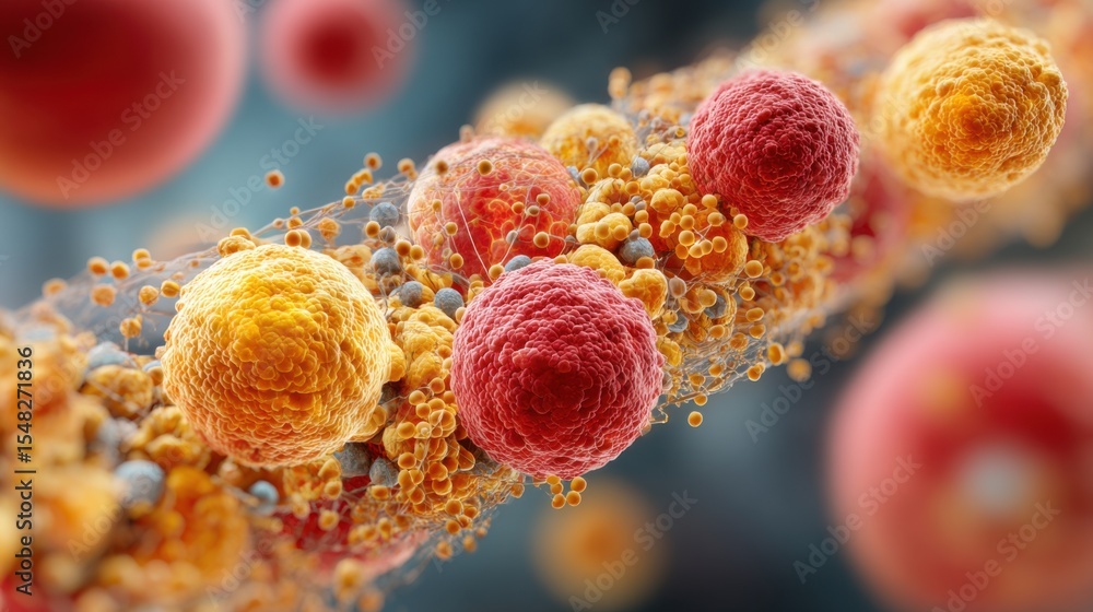 Aufkleber colorful cells and particles are intricately interacting in a microscopic environment, showcasing th