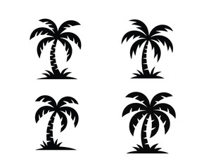 Naklejka premium Tropical palm silhouettes, collection of four stylized black palm tree silhouettes conveying tropical relaxation summer vibes and island atmosphere for design elements.