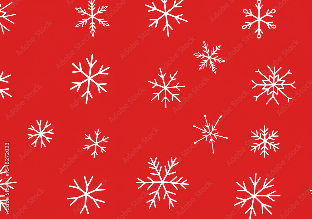 Poster a red background with a pattern of white snowflakes scattered across the entire surface of the image