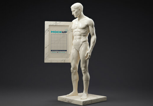 Man Statue Holding Vertical Frame Poster Photo Mockup