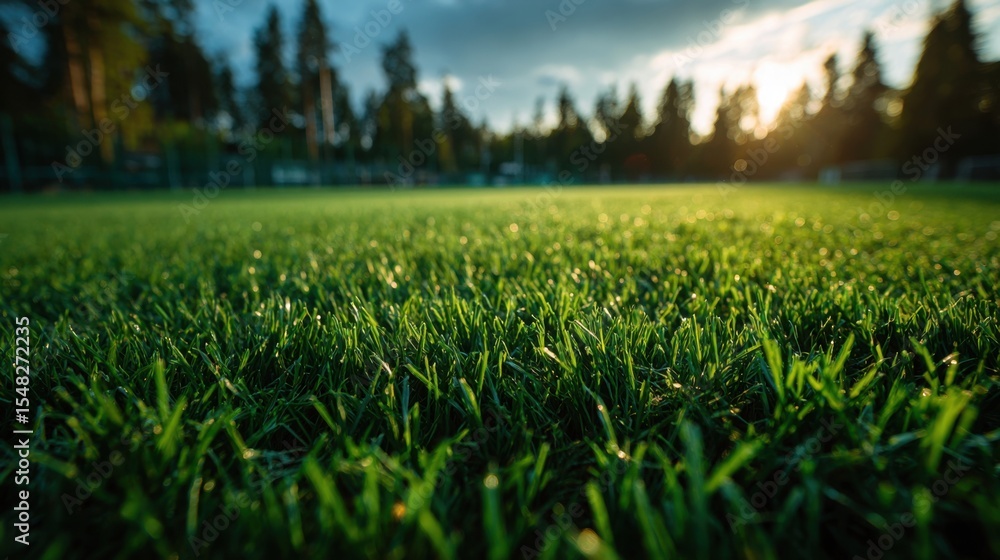Poster sunlight filters through trees, illuminating a vibrant green field. the scene captures the serenity 