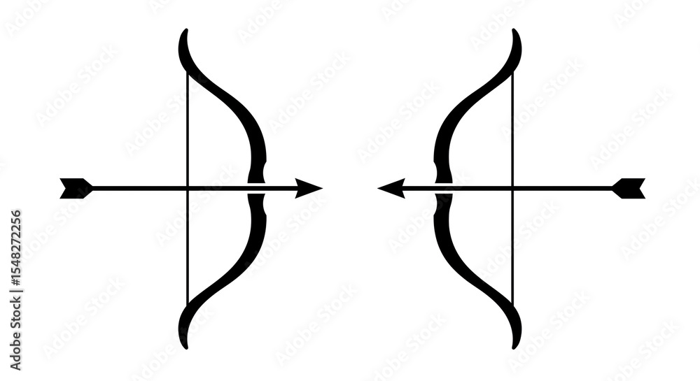 Poster two black bows facing each other with arrows pointed at each other on a white background design art