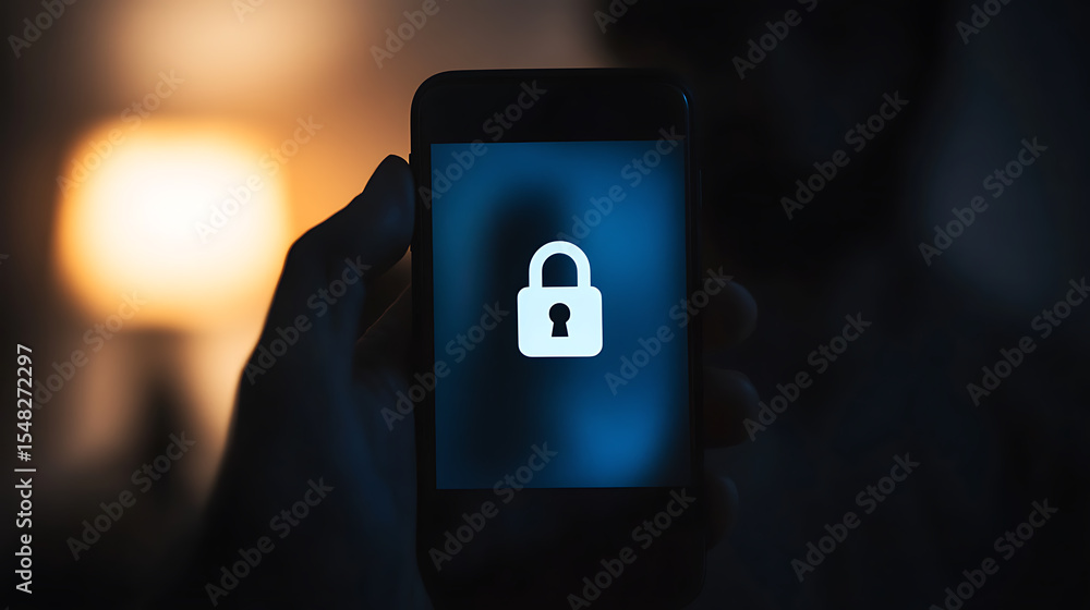 Poster secure mobile access: a hand holds a smartphone displaying a prominent padlock icon against a dark, 