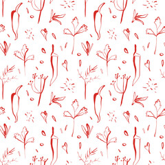 Seamless red herb and chili pattern on white background in minimal hand drawn style for kitchen cards packaging and wall decor