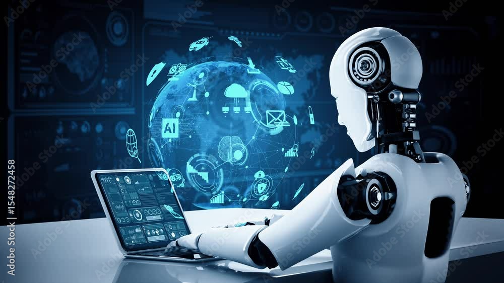 Poster robot hominoid use laptop and sit at table for global network connection using ai thinking brain , a