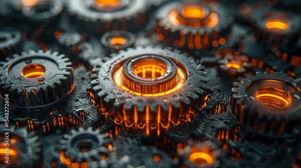 Aufkleber an intricate close-up of metallic gears interlocked with an orange glow, symbolizing machinery and t