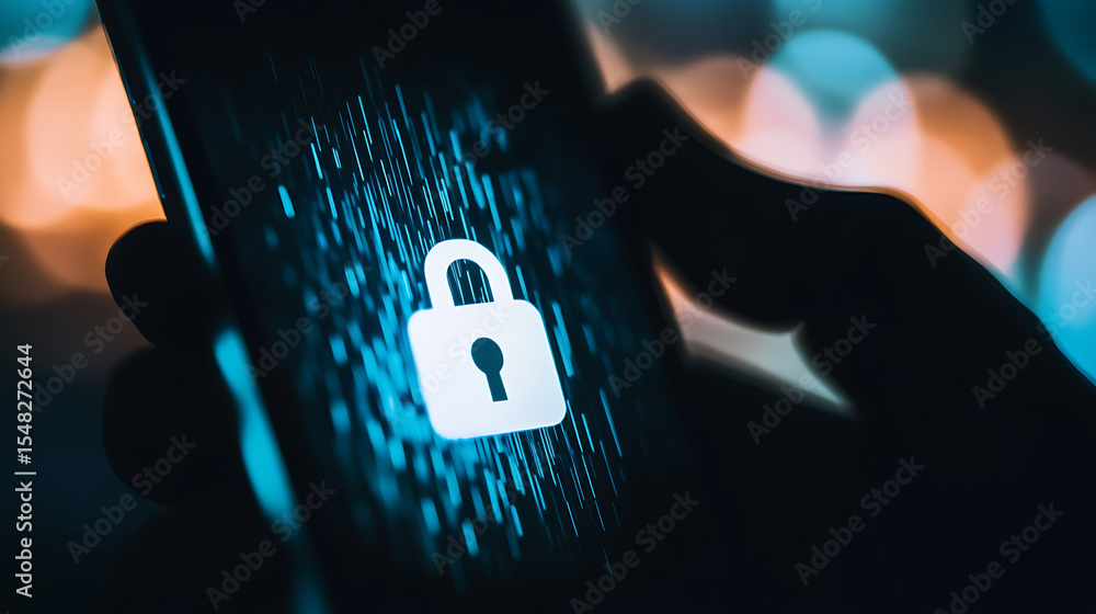 Poster smartphone security: a close-up of a phone screen displaying a padlock icon, symbolizing data protec