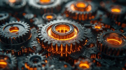 An intricate close-up of metallic gears interlocked with an orange glow, symbolizing machinery and the complexity of mechanical engineering in a visually striking manner.