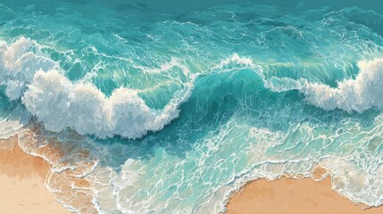 Bright blue waves gently crash onto a sandy beach, creating a peaceful coastal landscape filled with sunlight and tranquility, perfect for relaxation and enjoyment by the ocean.