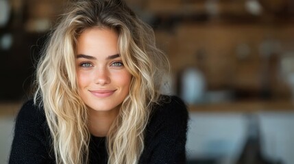 Obraz premium A cheerful young woman with long, wavy hair smiles brightly, embodying a relaxed and happy atmosphere that brings warmth to her surroundings and connects with viewers.
