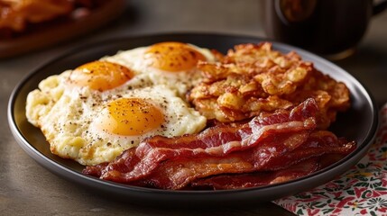 A beautifully arranged breakfast plate featuring sunny-side-up eggs, crispy bacon, and hash browns, perfect for a hearty and satisfying start to the day.