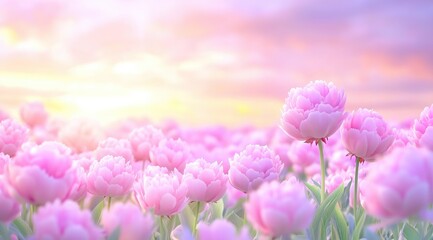 Soft pink tulips blooming in a sunlit field at dawn