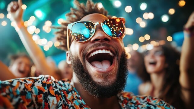 A lively man wearing sunglasses joyfully smiles and enjoys a vibrant atmosphere filled with bright lights, showcasing exuberance and enthusiasm for life.