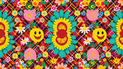 Naklejka premium Colorful floral smiley pattern with transparent background
