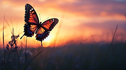 A Silhouette of a Butterfly Flying At Sunset With Warm Orange and Pink Hues In the Sky