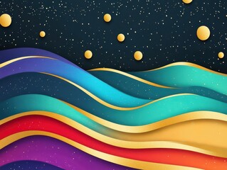 Naklejka premium Vibrant cosmic landscape with colorful waves and golden stars.
