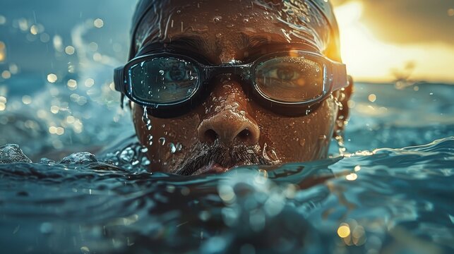 A close-up of a swimmer with goggles, emerging from the water surface illuminated by sunlight, capturing the essence of determination, focus, and the thrill of athleticism.